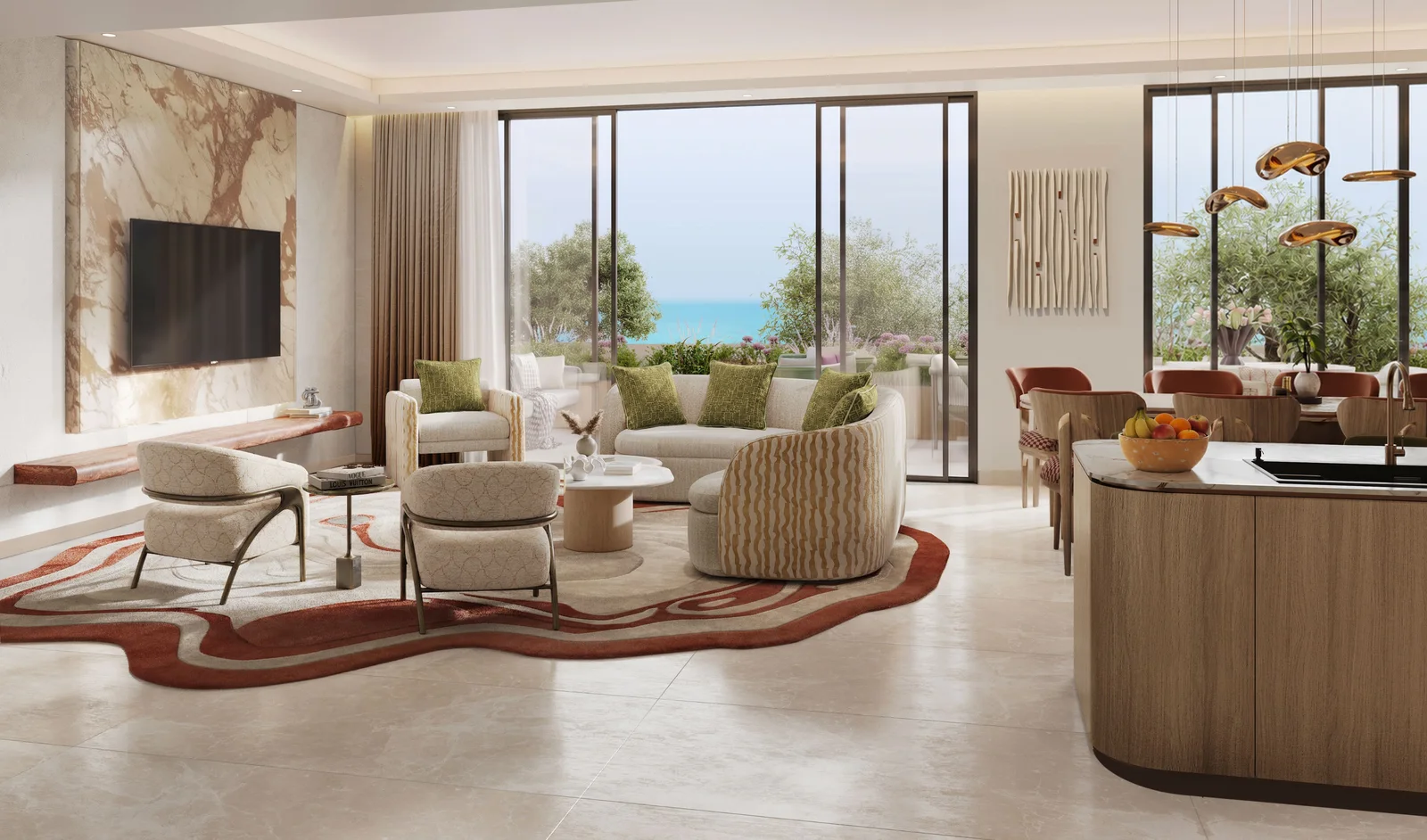 المعيشة والطعام ضمن نموذج التاون هاوس بأربع غرف في بروشور Waterfront