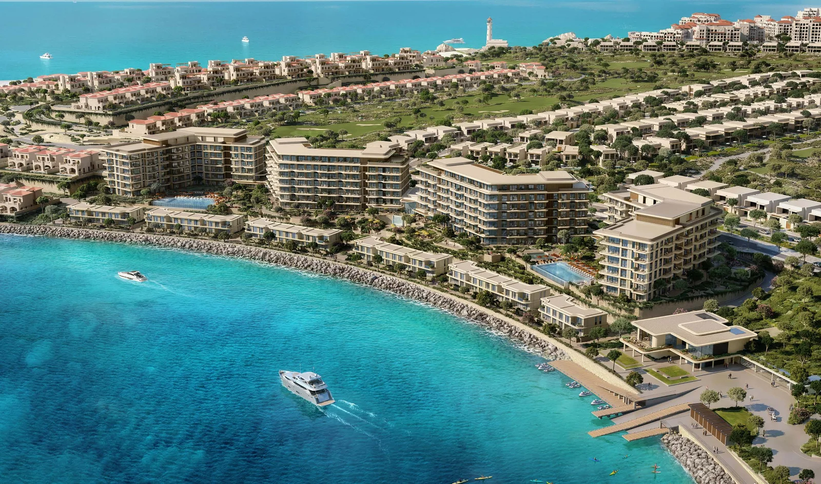 تصوّر جوي لمجموعة Waterfront Residences بجوار القناة والساحل